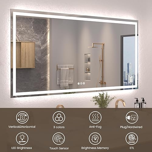 Miniatura 154 de Espejo LED de baño, 36 x 36 pulgadas con luz frontal y retroiluminada, antiniebla, espejo de tocador de baño para pared, función de memoria