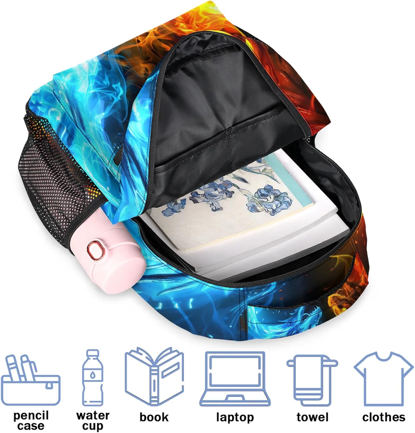 Kids Backpack for Girls - 16" Blue Fire Dragon School Backpack Lightweight Waterproof Elementary Schoolbag Kindergarten Book Bag Travel Daypack for Students - Image 6