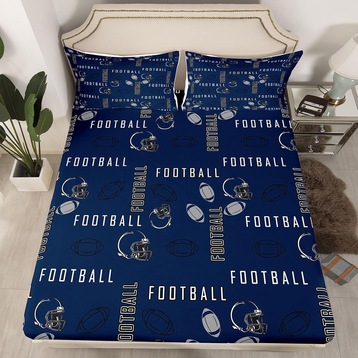 jejeloiu Football Bedding Set Queen Size Kids Rugby Sports Fitted Sheet with 16 Inch Deep Pockets for Boys Girls Teens Football City Bed Sheets Set Blue Gray Breathable Soft Room Decor