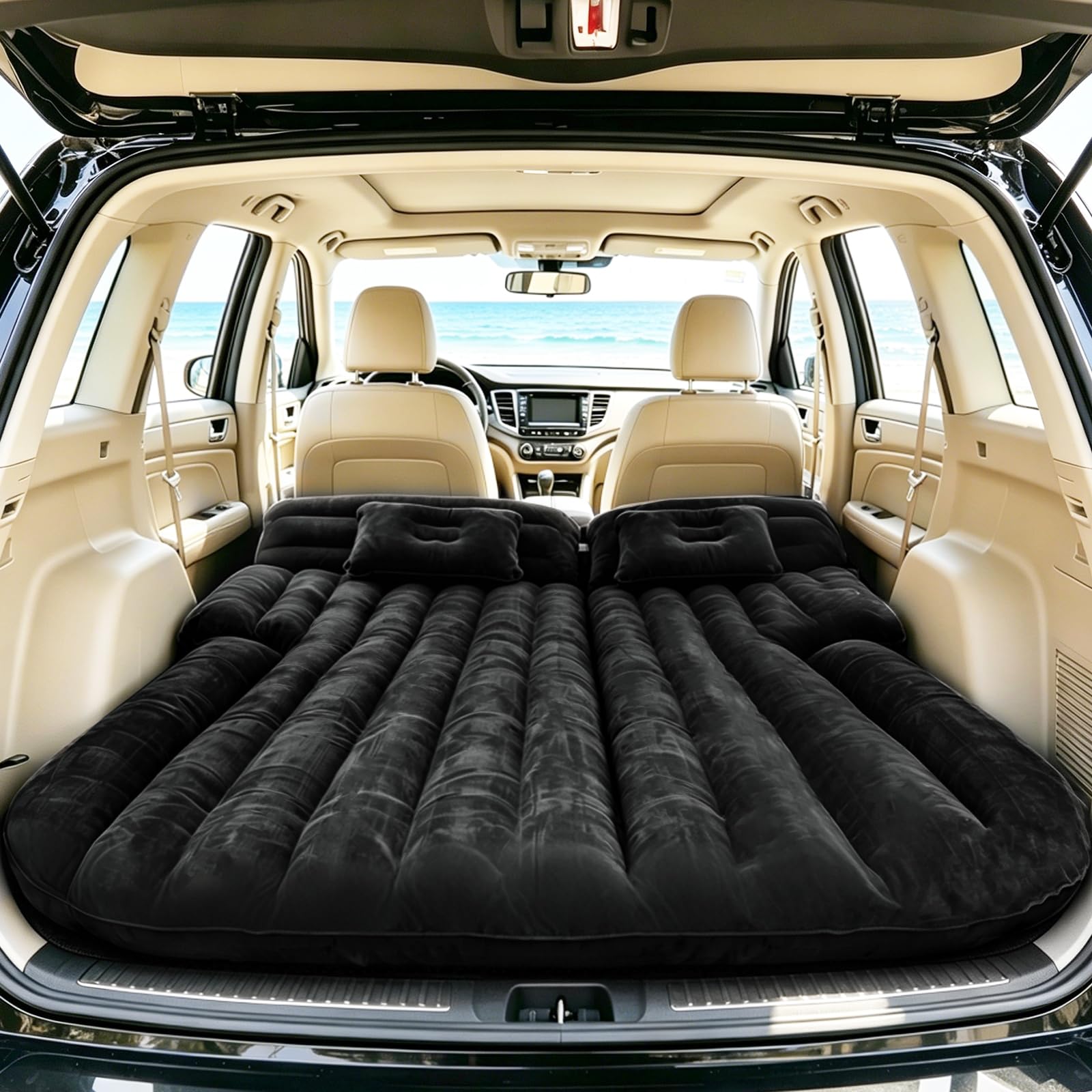 Photo 1 of Onirii SUV Air Mattress,Thickened Flocking Car Air Mattress Travel Camping Bed with 2 Pillows & Air Pump,Portable Car Sleeping Mattress for SUV Trunk and Rear Seat (Black)