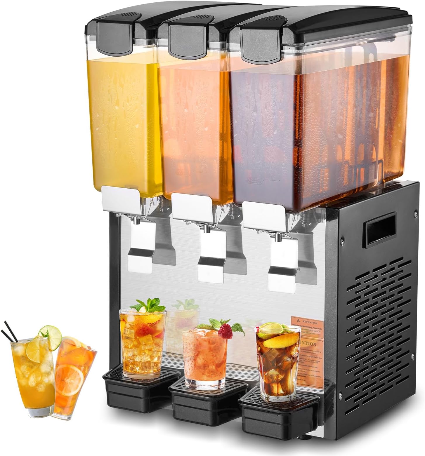 VEVOR Commercial Beverage Dispenser, 3 Tanks 10 L / 10.6 QT Per Tank Juice Dispenser, 440W Stainless Steel Ice Tea Drink Machine with 45°F-54°F Cooling Temperature, for Cold Drink Restaurant Bar Party