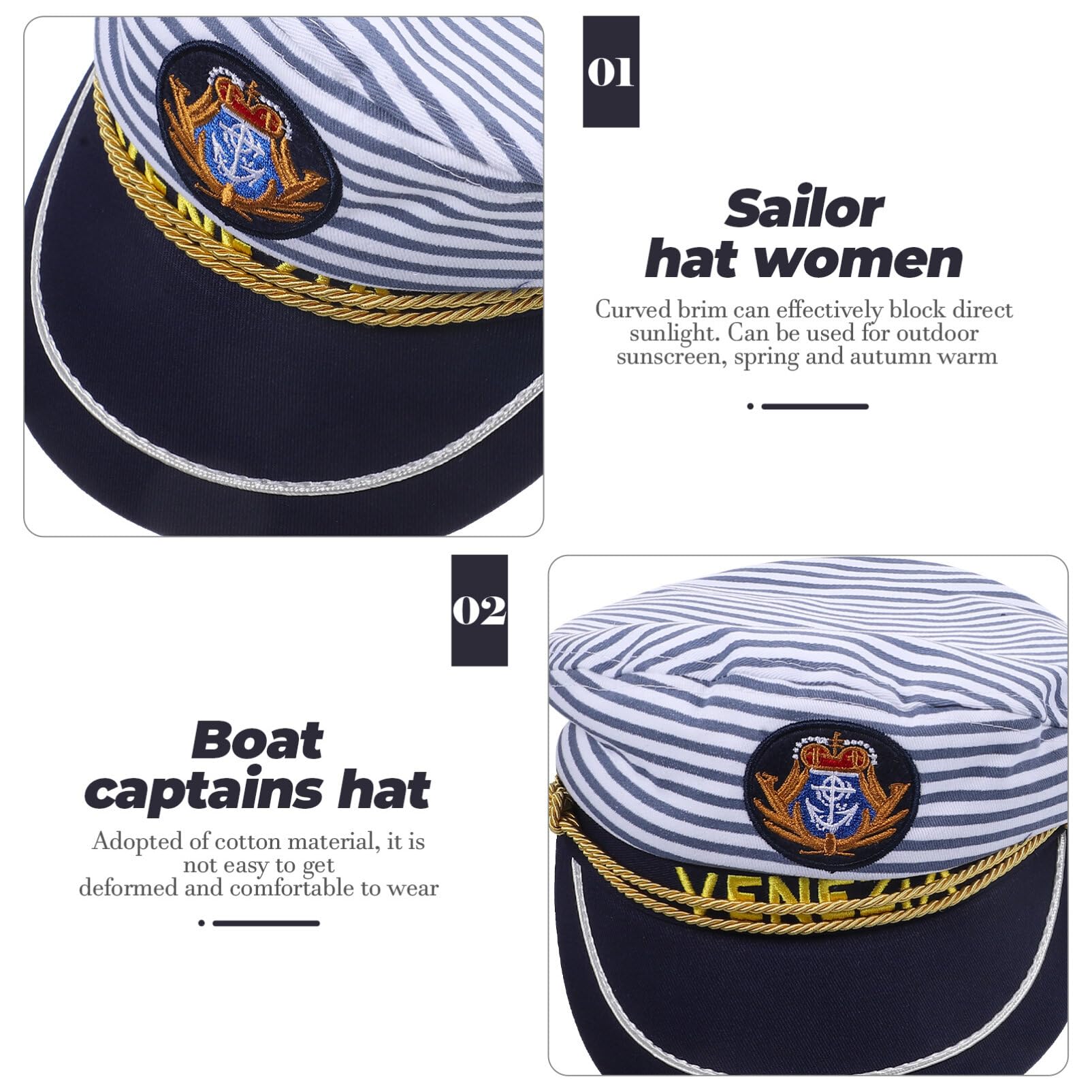 Cappello da Capitano a Righe Blu per Ragazzo Ragazza 2 Pezzi Regolabile | Taglie Adulto 58cm e Ragazzo Ragazza 54cm, per Scena e Festa, Stile Berretto Dettagli a Strisce