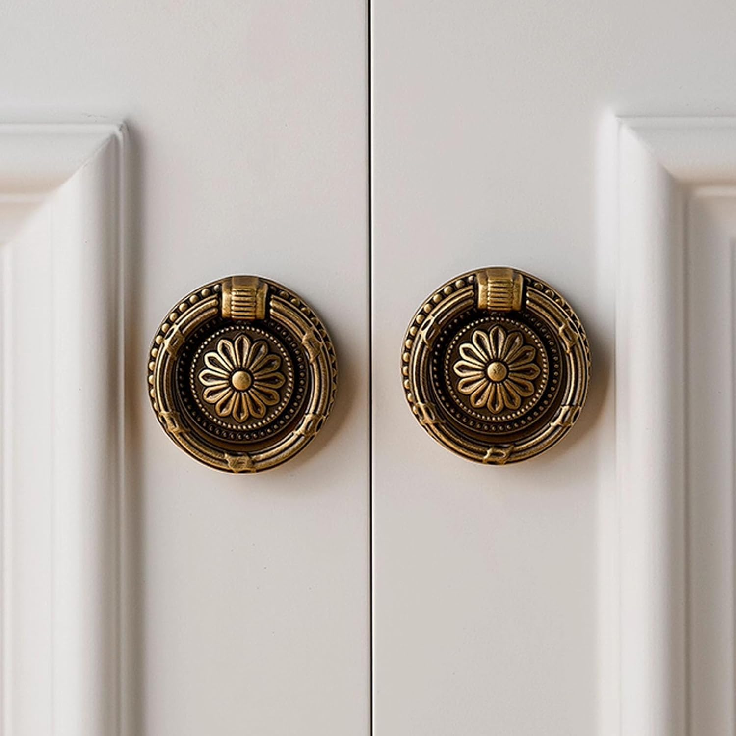 INUSO 6 Pcs Vintage Solid Brass Ring Pull Drawer Knobs, Antique Bronze Handles with 5-Layer Protective Finish, Decorative Dresser Pulls for Furniture, Restoration & Nightstand (6, Antique Bronze)
