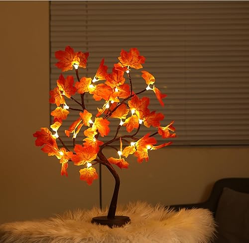 Miniatura 7 de Árbol de arce artificial iluminado de otoño, 24 luces LED, decoraciones de Acción de Gracias, funciona con bateríaUSB, árbol pequeño preiluminado