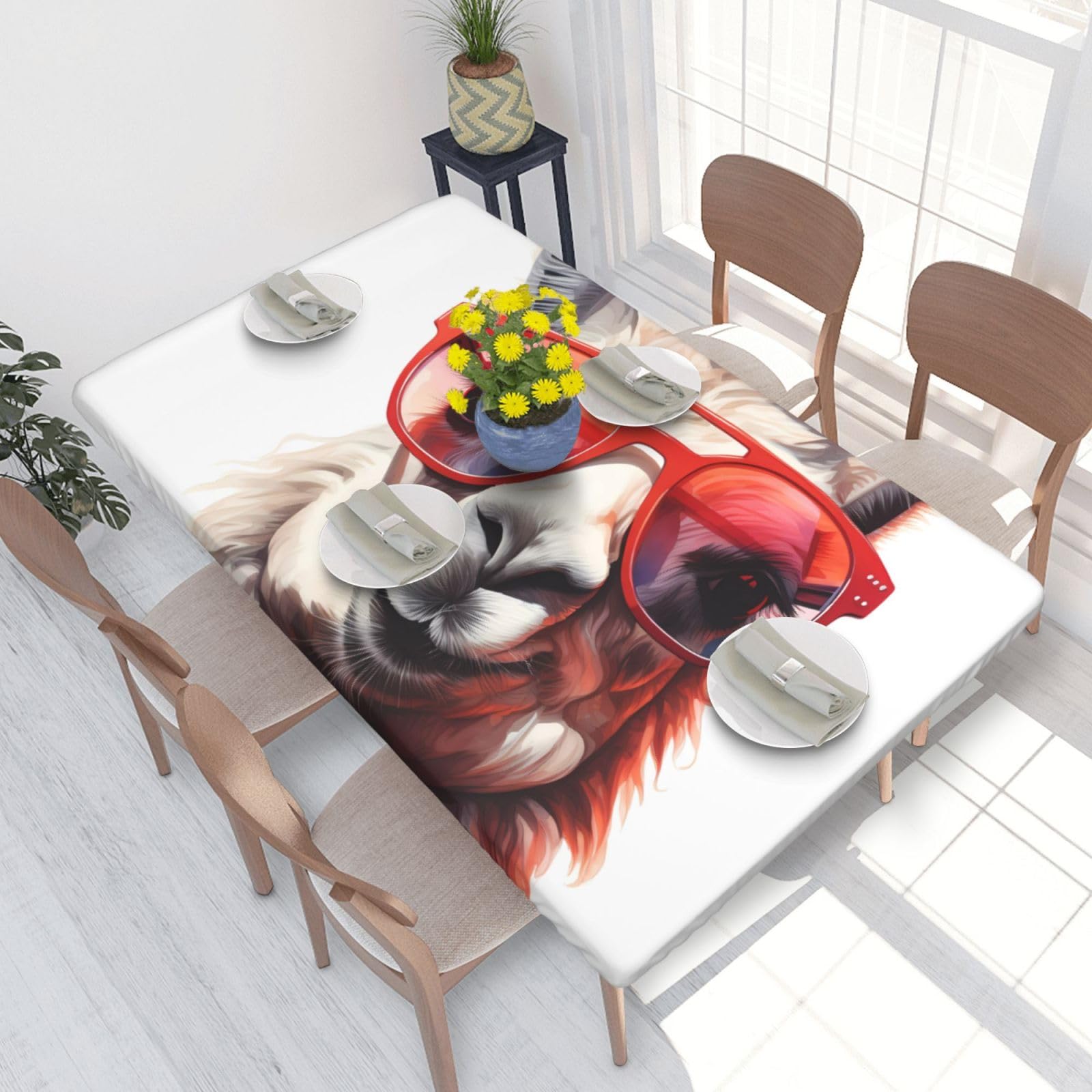 Llama With Glasses Waterproof Square Table Cover Elastic Fitted Tablecloth Oil Proof Table Protector For 4ft Table