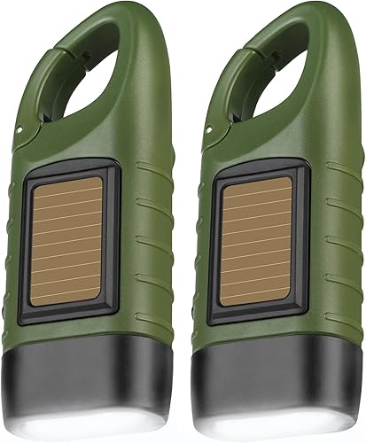 Miniatura 10 de SEANCHEER Linternas solares de manivela, linterna LED compacta de emergencia, linterna de supervivencia de mano, linterna de dinamo de mosquetón de