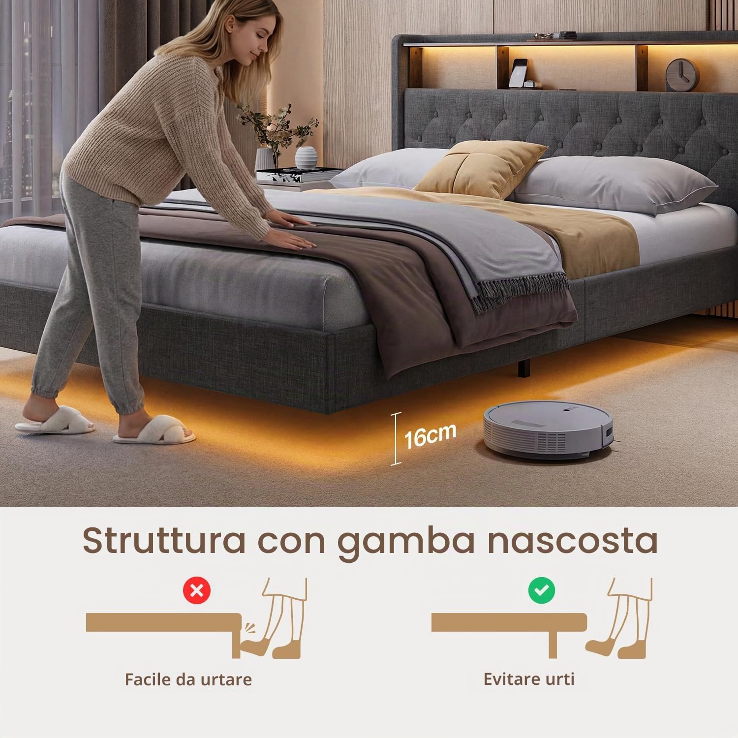 Xbro Letto Matrimoniale 140x200 cm con LED RGB APP, 2 Prese AC, USB e Type-C, Testiera Imbottita con Ripiano Integrato, Letto Fluttuante con Struttura in Metallo e Rete a Doghe,