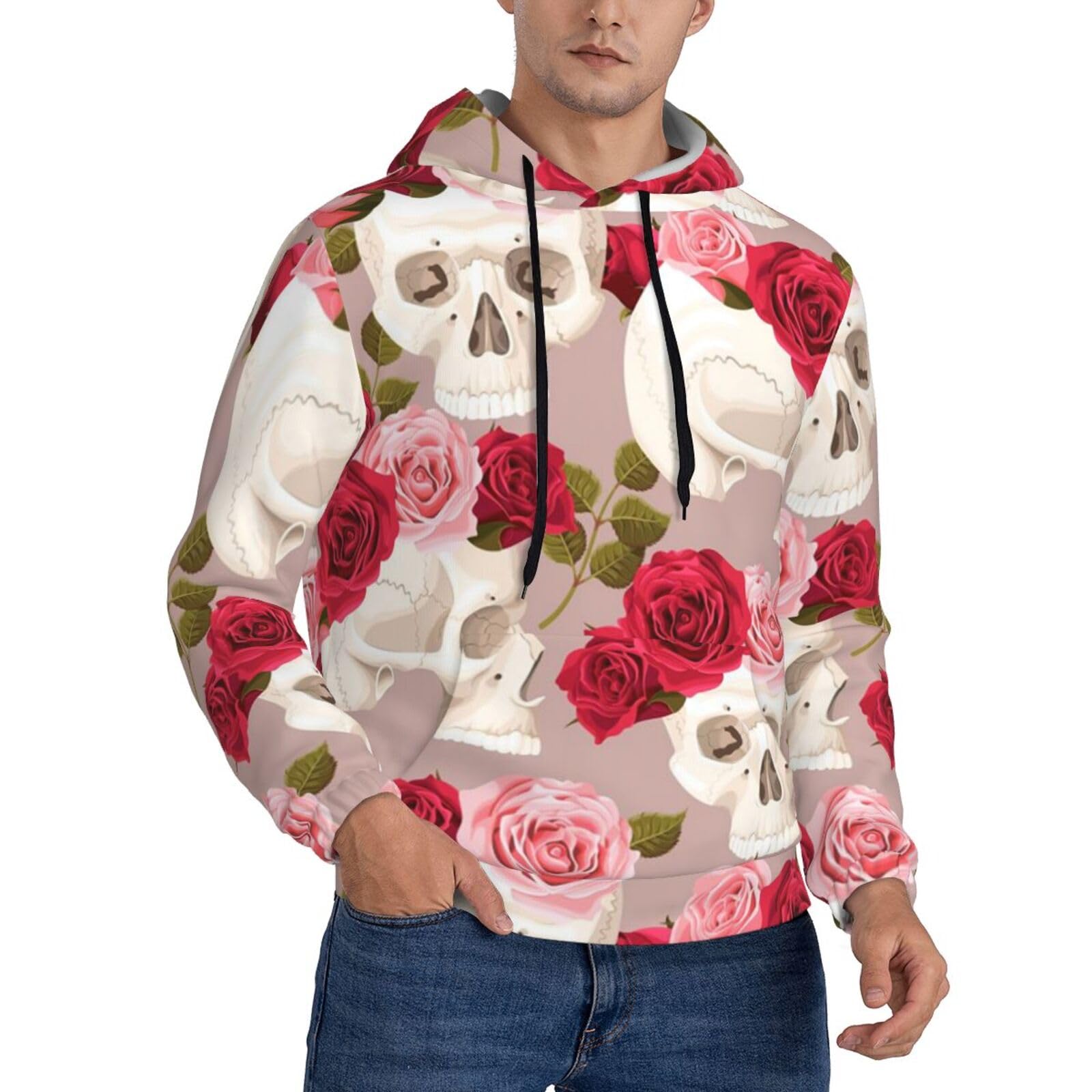 Froon Men's 3 D Graphic Hoodies Casual Floral Skull Print Hooded Sweatshirt Drawstring Pullover Hoodie For - With Kanga Pocket
