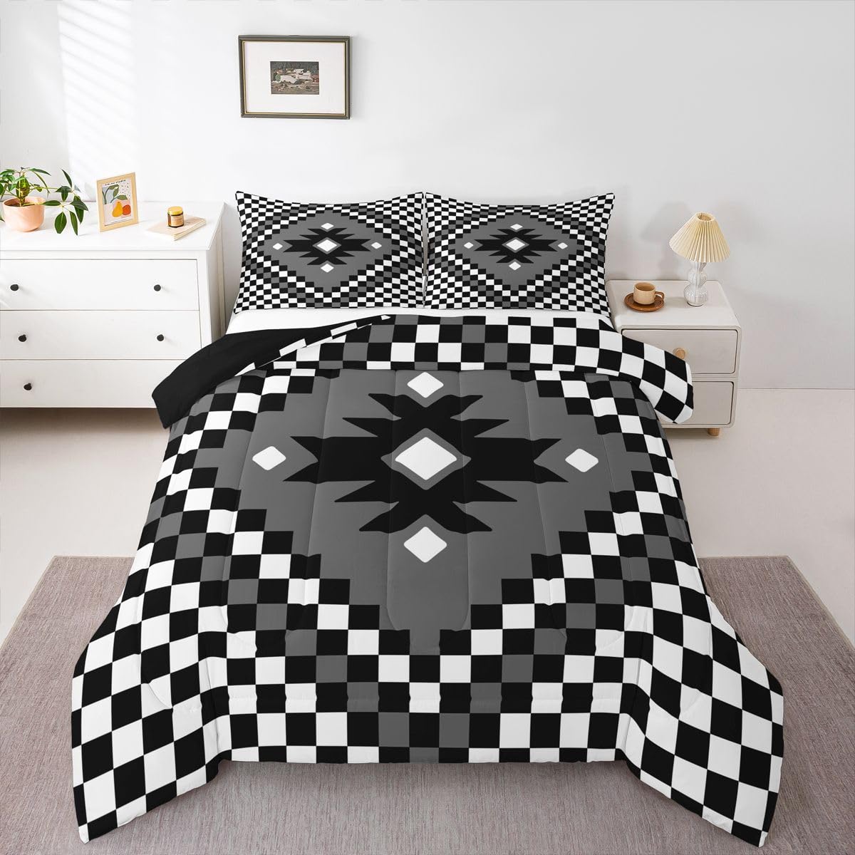 Feelyou Aztec Bedding Set Soft for Boys Girls, Black White Checkered Comforter Set Full Size Boho Western Decor Duvet Quilt Microfiber Farmhouse Bedroom Decor 3 Pcs with 2 Pillow Cases