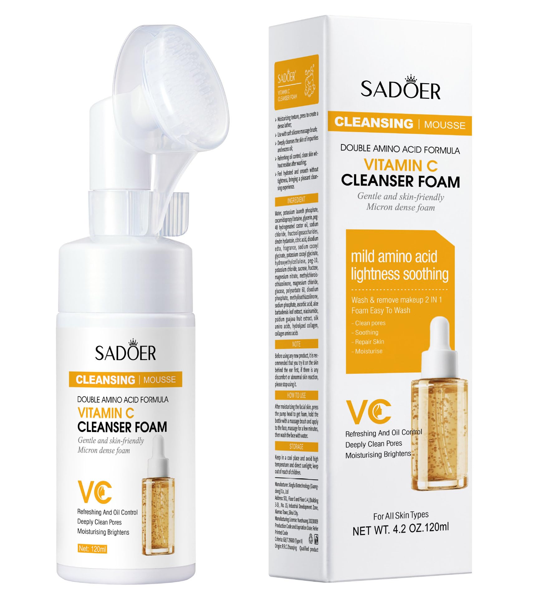 Vitamin C Foaming Face Cleanser, Foaming Cleanser with Silicone Brush