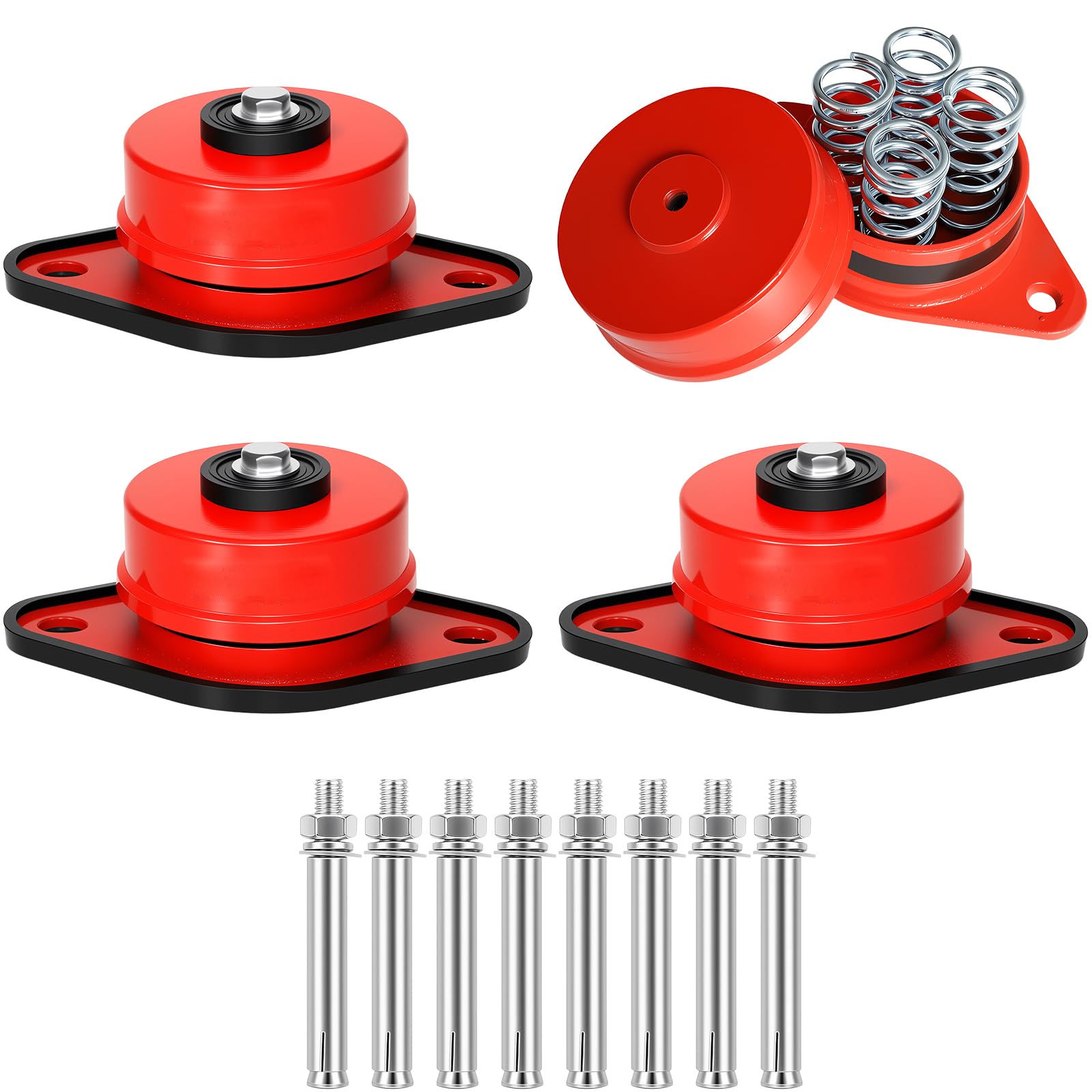Red Spring Vibration Isolators with Mounting Bolts, Floor Mount Vibration Isolator for Heavy Machine, Set of 4 (ZDX-4/264-352LBS)