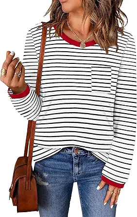 ONLYSHE Women's Casual Striped Long Sleeve Tops Crew Neck Knit Basic Loose Fit T Shirts Fall Fashion Tunic Outfits