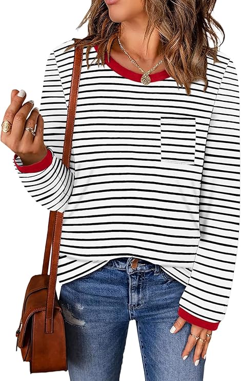 ONLYSHE Women's Casual Striped Long Sleeve Tops Crew Neck Knit Basic Loose Fit T Shirts Fall Fashion Tunic Outfits