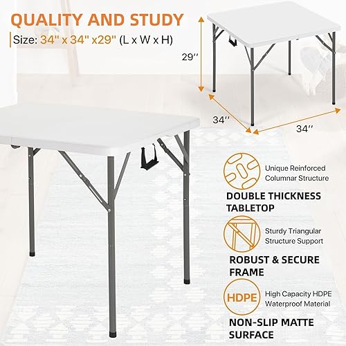 Miniatura 8 de Mesa plegable cuadrada de 34 pulgadas plegable por la mitad, mesa portátil de comedor de alta densidad resistente con asa de transporte, mesas de
