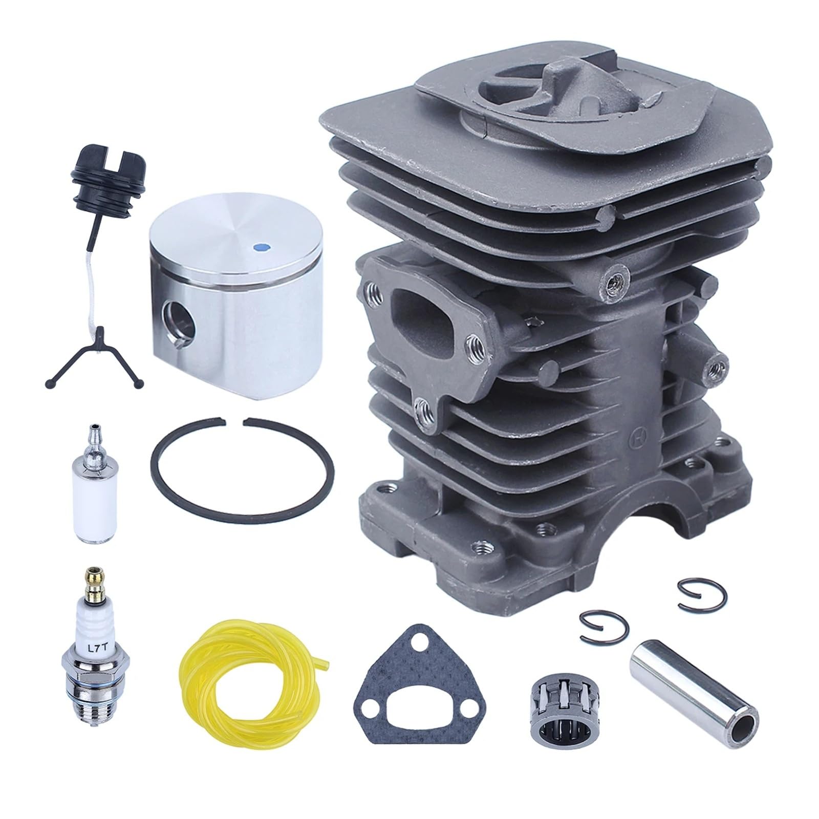 Compatible con motosierra Husqvarna 136, 137, 141 y 142. Repuesto 530069941. Tapa de combustible, filtro, línea, cojinete de agujas, kit de pistón de cilindro de 40 mm.