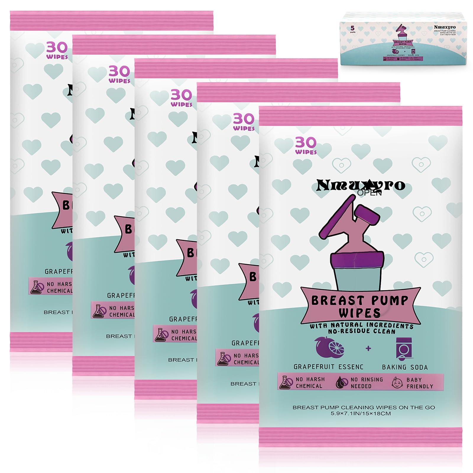 Breast Pump Wipes, 5 Packs Natural Pump Cleaning Wipes On The Go, Resealable Manual Pacifier Wipes Quick Clean Breastfeeding Supplies