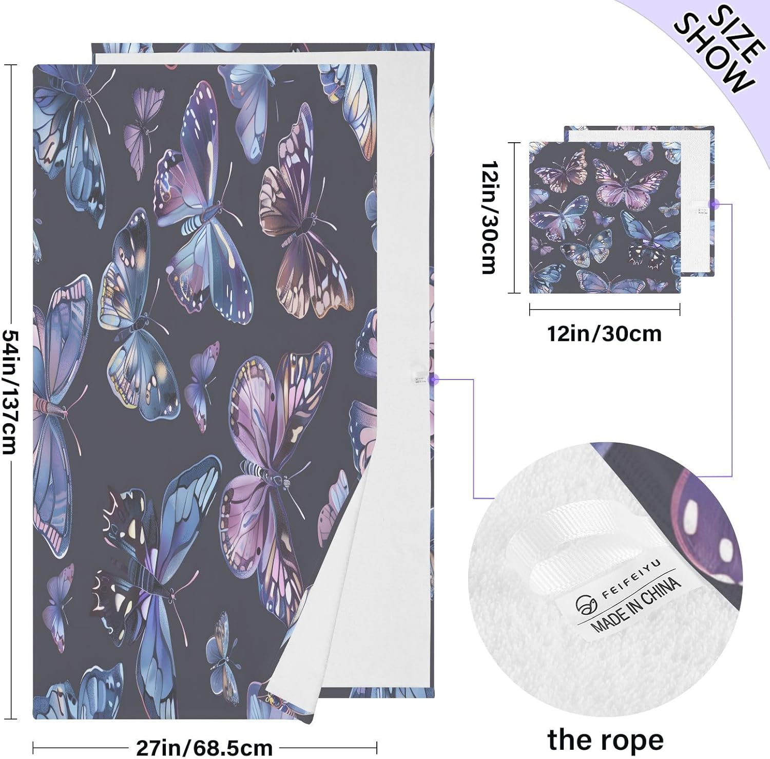 Hand Towels Premium Soft and Highly Absorbent Unique Butterflies 2 Pcs Towels for Bathroom Set 100% Cotton Decorative Face Towels