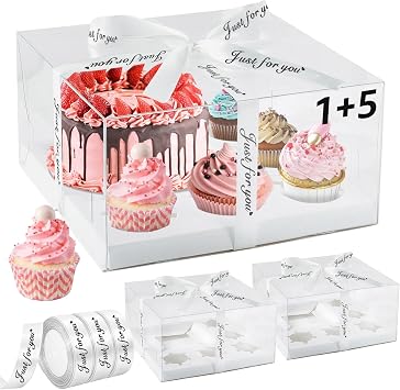 3 Pack Bento Cake and Cupcakes Box with Gift Ribbon, Clear Window 1+5 Combination Bento Boxes, 6 Holes Fit 5 Cupcake Containers and 1 Mini Cake4-5in for Birthday Party Baking Supplies