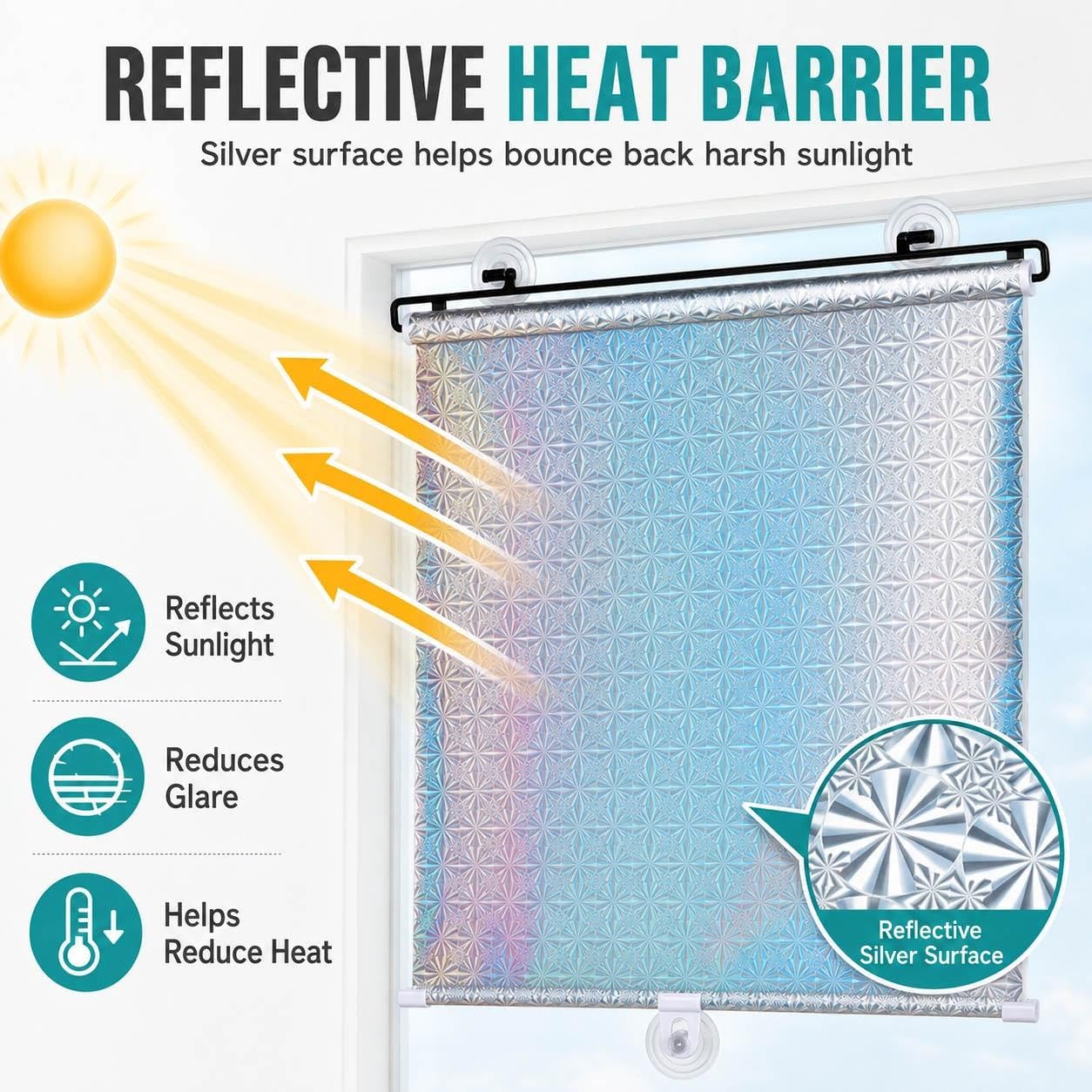 Parasole per Finestra con Ventose, Schermo Riflettente Avvolgibile con 90% Blocco della Luce, Senza Forare per Camera Ufficio Caravan Camper Auto(W 65 x 160 cm)