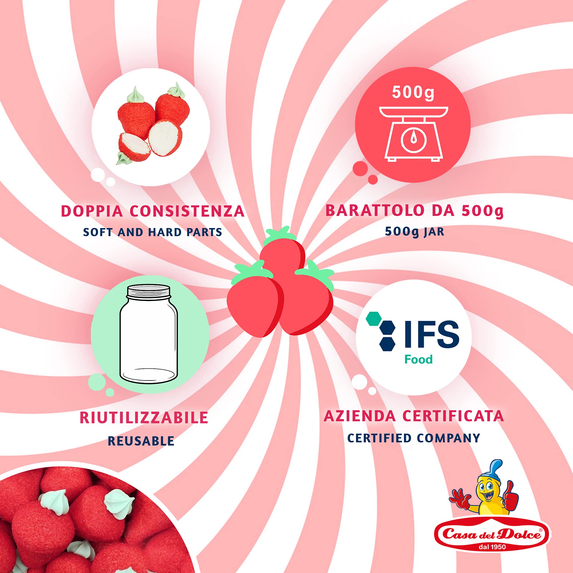 CASA DEL DOLCE Paquet XXL Fraises, Marshmallow à la forme et au Goût de Fraise 500 g, Doux et Délicieux, Made in Italy, Idées Cadeaux pour les Fêtes