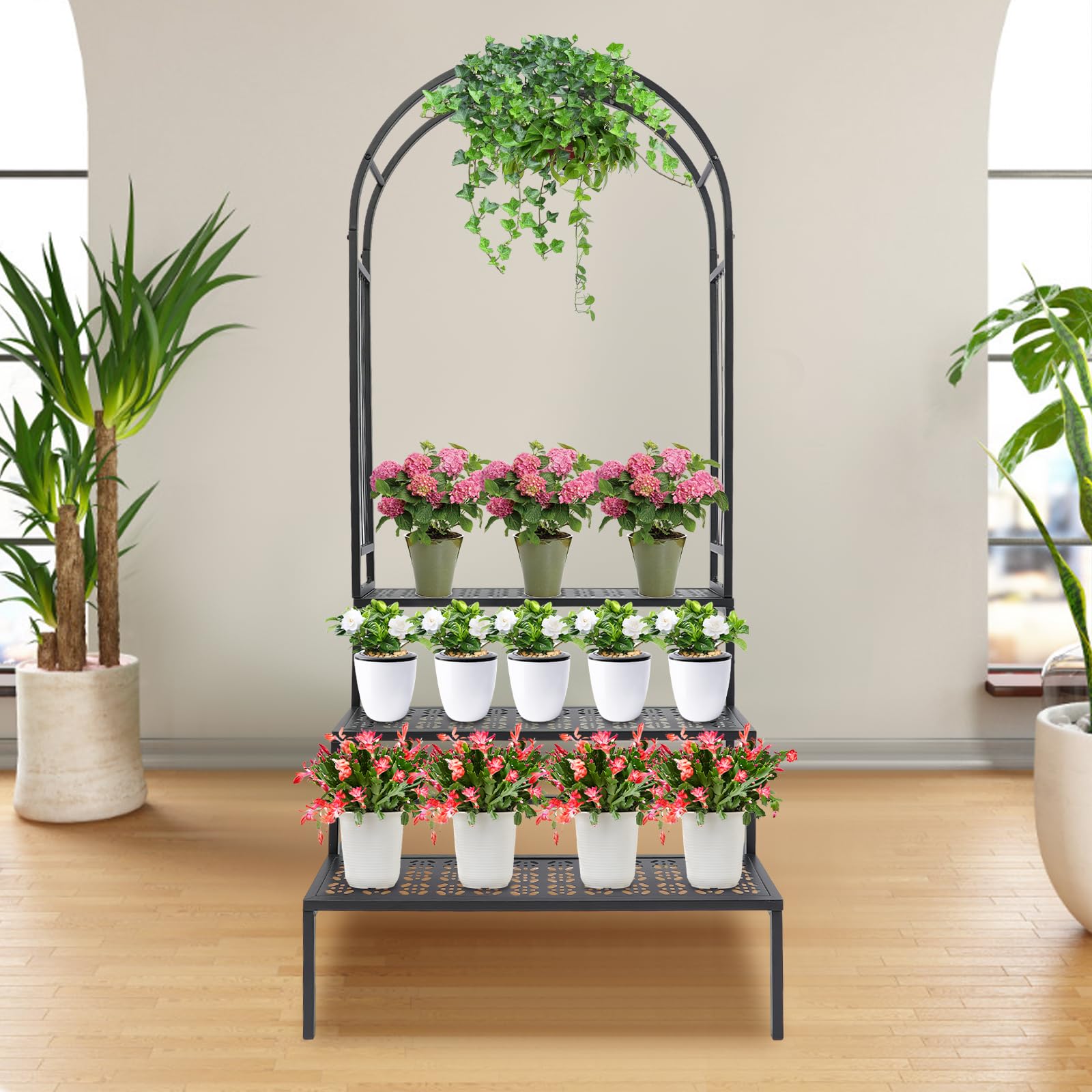 3 Etagen Metall-Blumenständer mit Rosenbogen Rankhilfe,Schwarz Pflanzenständer Pflanzenregal Blumenregal Blumentreppe Pflanzentreppe für Innen- und Außenbereich,Garten,Balkon,Zimmer