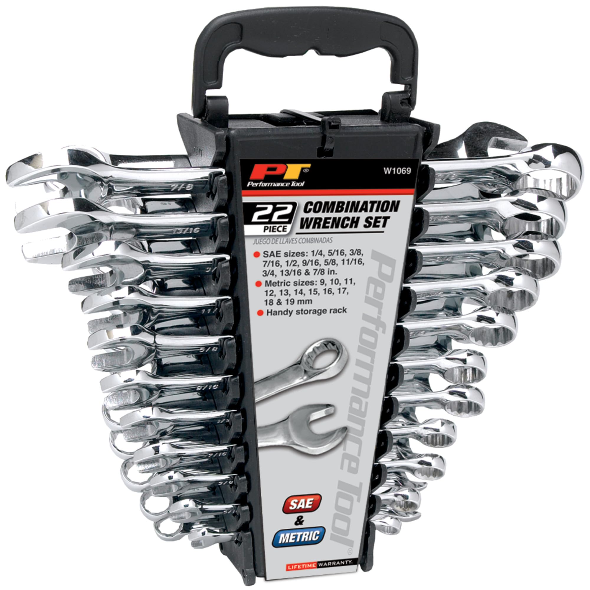 Performance Tool W1069 Juego de llaves métricas combinadas SAE y de 22 piezas con estante organizador