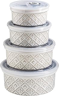 Airtight Food Storage Containers with Lids Mixing Bowls Set, Ceramic Serving Bowls with Lids Set of 4, 12/16/28/40 oz Stackable Nesting Salad Bowls for Cooking, Baking, Ramen - Beige
