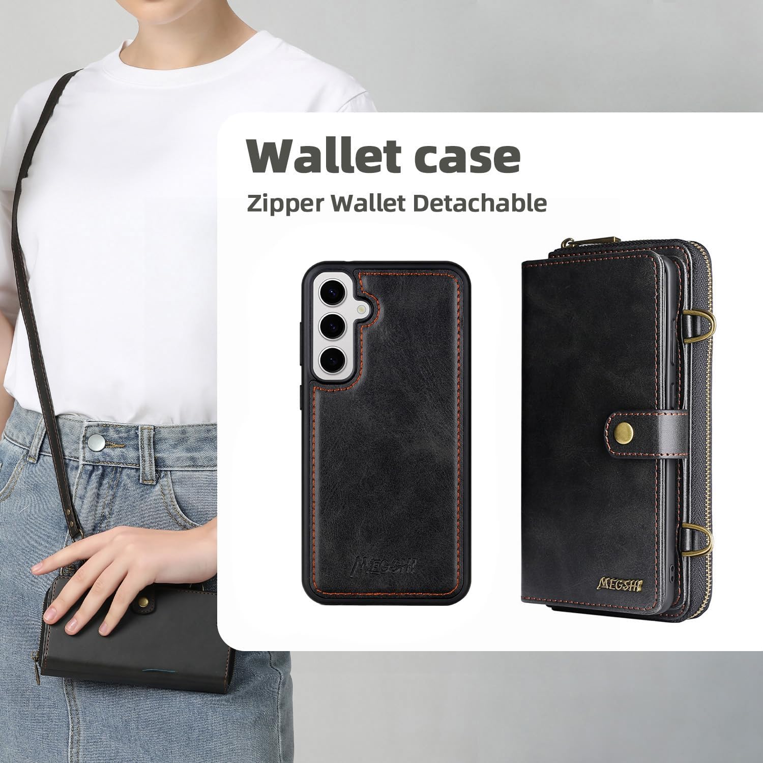 Compatible with Samsung Galaxy S24 Plus S24+ 5G Wallet Case Crossbody Shoulder Strap Stand Leather Card Holder Multi-Function 2in 1 Detachable Magnetic Cell Phone Cover for S24plus 24S+S 24 24+ Black