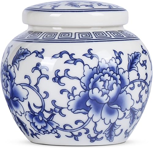 XINGYAN Tarro de jengibre pequeño de cerámica de porcelana china tradicional azul y blanca con tapa, para almacenamiento de té, decoración del