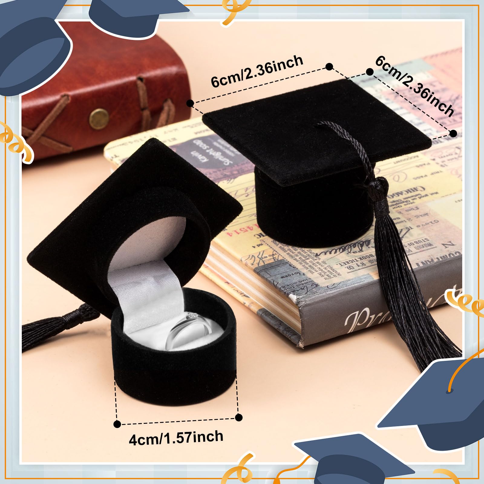 Henoyso 4 Pcs Graduation Hat Shaped Ring Box 2025 Graduation Gift Box Jewelry Case for Celebration Graduation Party Supplies(Black)