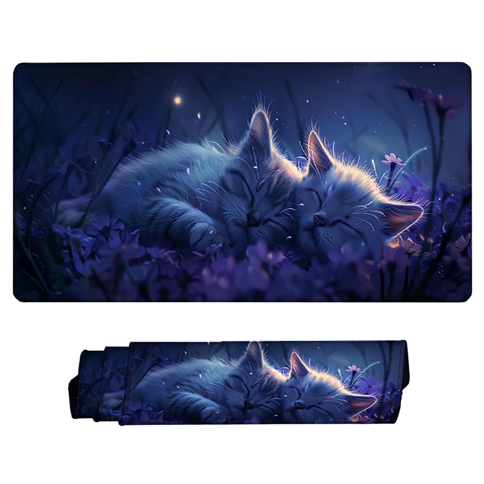Czarna podkładka pod mysz XXL, podkładka na biurko, 1200 x 600 cm, szyte krawędzie, podkładka pod mysz, gumowa podstawa, kot, podkładka pod mysz, stabilna przyczepność na gładkich powierzchniach,