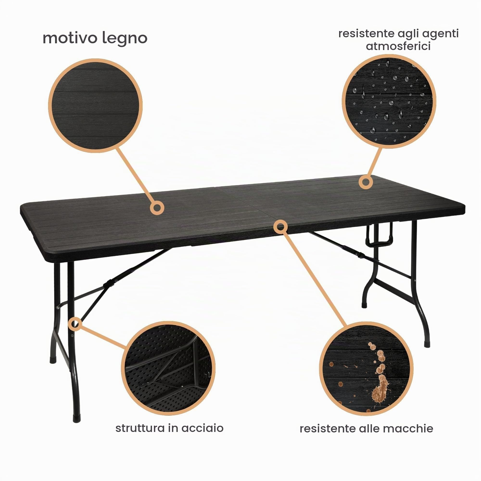 Perel Tavolo pieghevole, tavolo da campeggio per esterni, resistente alle intemperie, con maniglia, ideale per picnic, campeggio, barbecue, feste, portata fino a 100 kg, effetto legno, colore nero