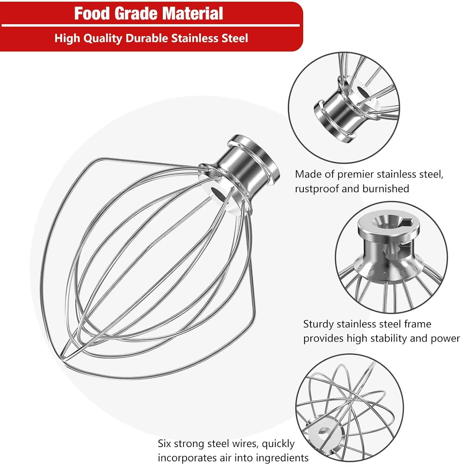 k45ww stainless steel 6-wire whip attachment for kitchenaid tilt-head stand mixer 4.5-5 quart bowl, stainless steel whisk replacement for kitchen aid mixer, dishwasher safe, egg heavy cream beater