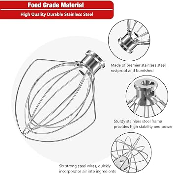 4.5QTステンレススチールワイヤーホイップの交換用アタッチメント。KitchenAidミキサーアタッチメントに適しており、食器洗い機使用可。エッグクリーム泡立て器 ケーキマヨネーズ泡立て器 卵白泡立て器。11個のホイップ付きワイヤーホイップ
