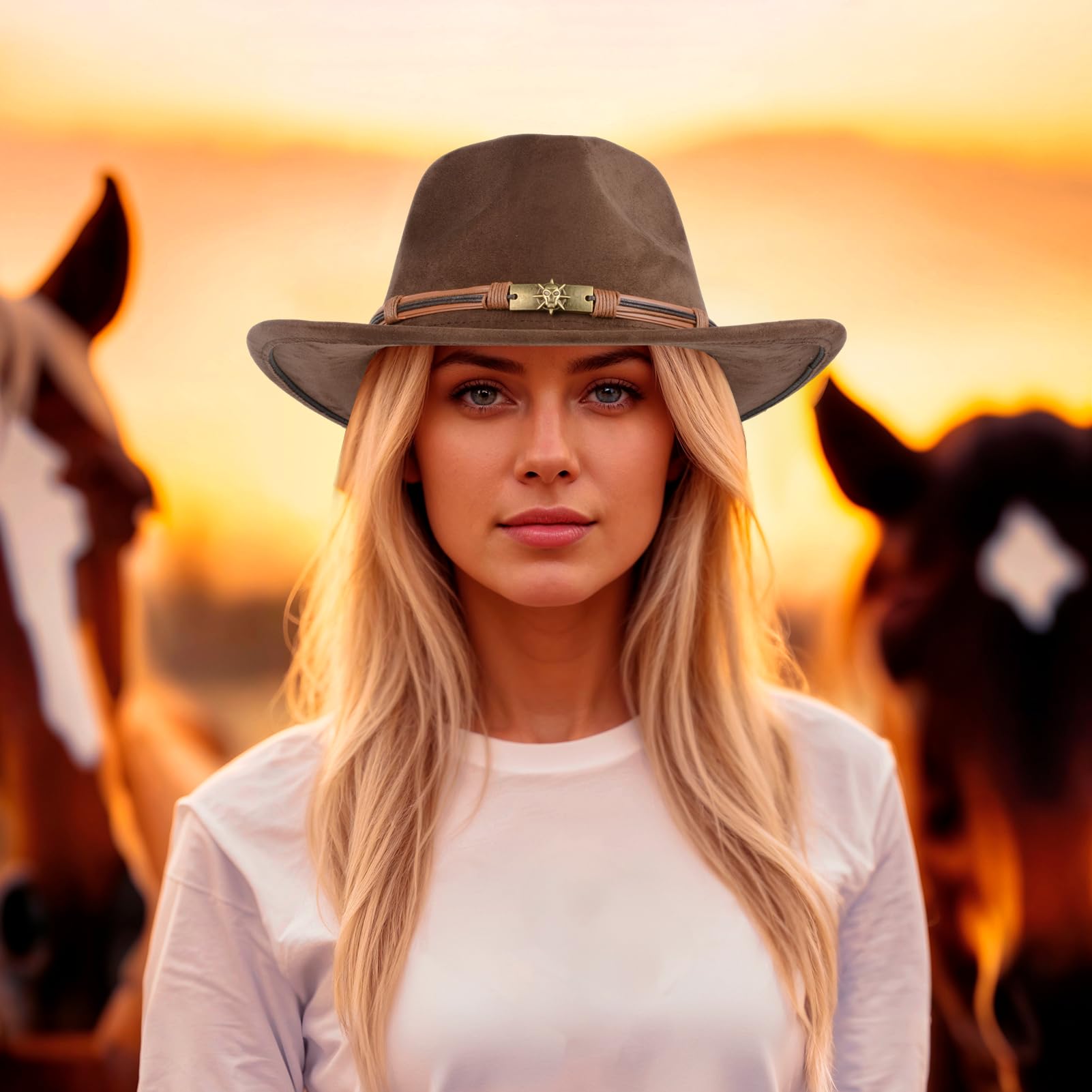 Cowboy-Hut für Damen und Herren - Breitkrempiger Outdoor-Suedehut in klassischem Kaffeebraun (Kunstleder)