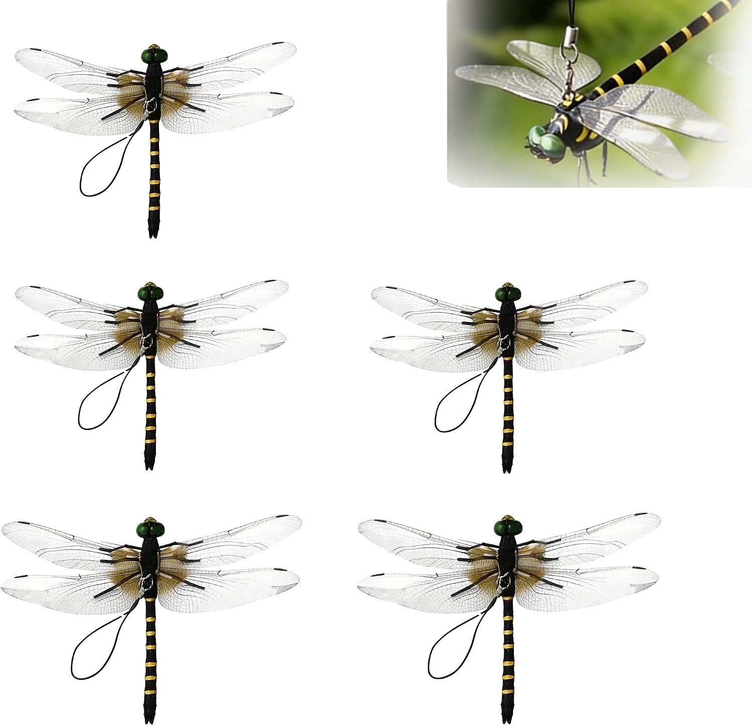 Dragonfly Clip Bug Repellent - Realistic 3D Fake Dragon Flies with Clip, PVC Outdoor Decor for Garden Camping Fishing. Attach to Hat Backpack Stakes, Yard Patio Decorative Use (Large-5PCS)