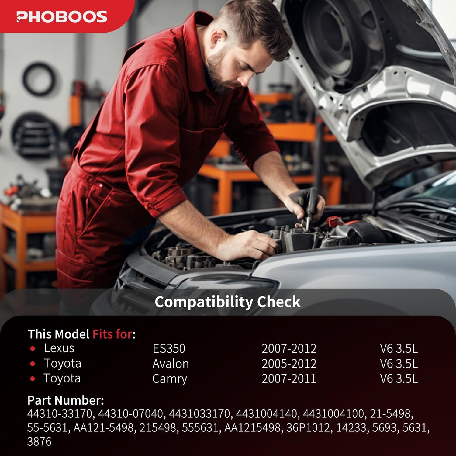 phoboos power steering pump compatible with lexus es350 2007-2012, toyota avalon 2005-2012/camry 2007-2011, v6 3.5l, with outlet & pulley, smooth steering, low noise, high durability, ref. 21-5498