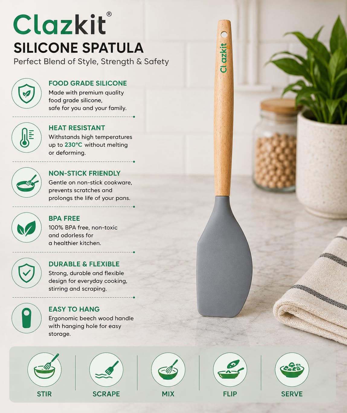 Clazkit Silicone Spatula - Heat Resistant Handle -5 Clazkit Silicone Spatula - Heat Resistant Handle -5