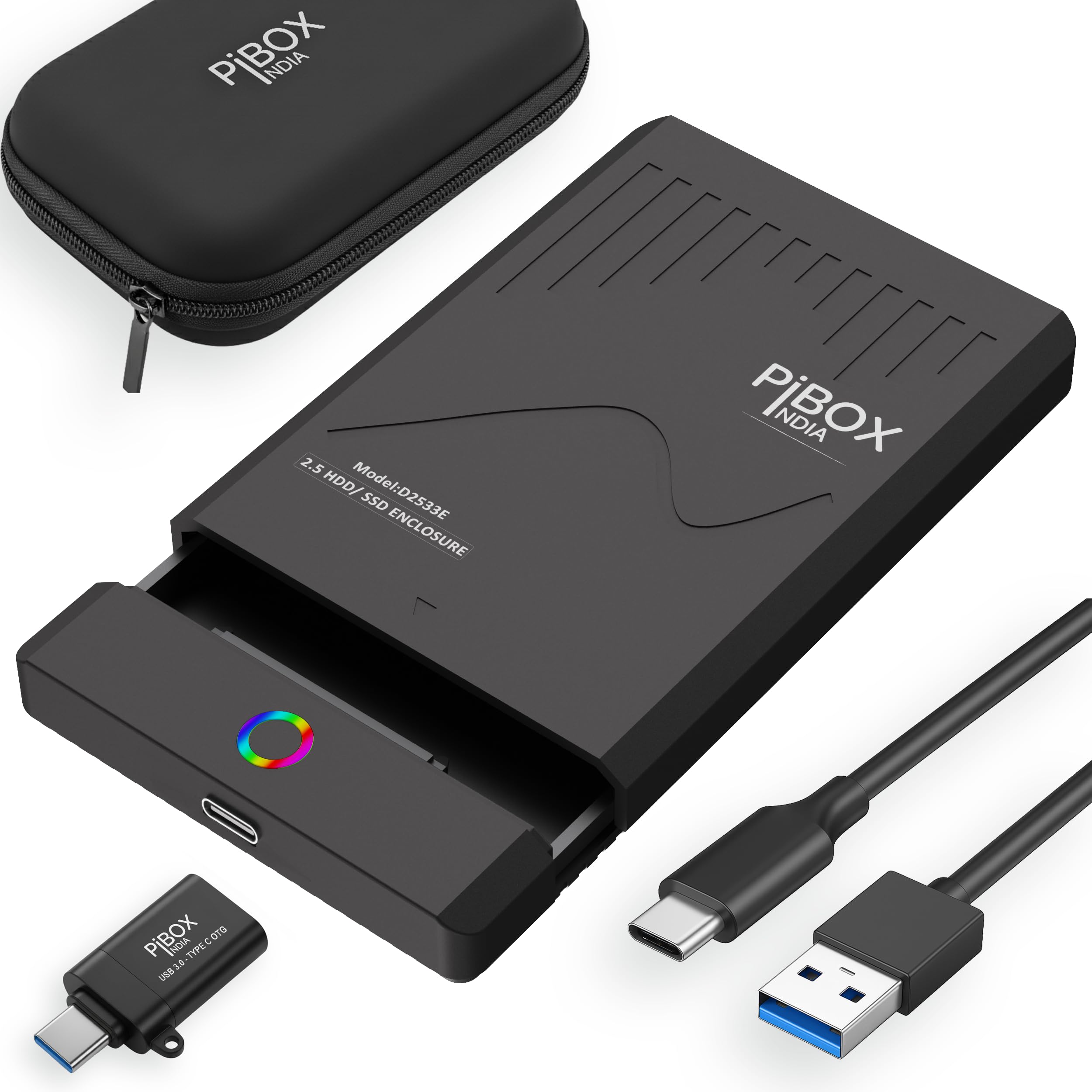 PiBOX 2.5 inch Hard Drive Enclosure RGB LED Type C with OTG Adapter - Retro Casette, PiBOX India 6Gbps USB 3.1 to SATA III Tool-Free External Hard Drive Enclosure for 7mm/9.5mm SSD Laptop HDD UASP-image-13
