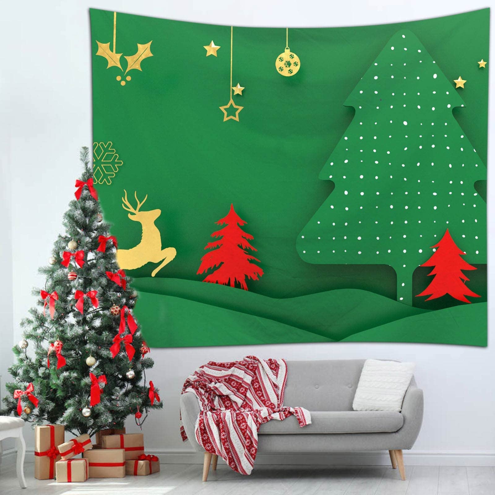 Natale Addobbi Room Tapestry Albero di Natale per Soggiorno Camera da Letto Dormitorio Murale Decorazione,Festa Sfondo, 200x200CM