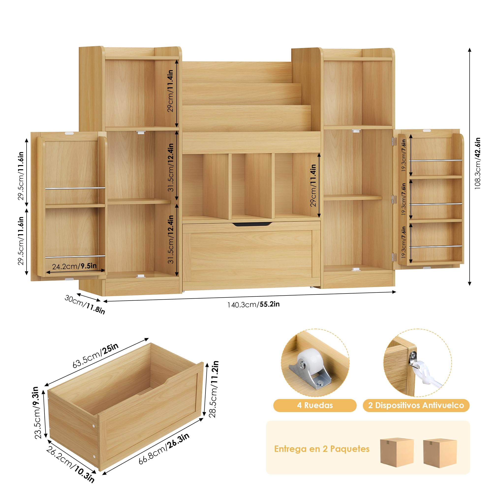 FOREHILL Organizador Juguetes, Mueble Almacenaje Juguetes, 1 Cajón, Roble | 5 Estantes para Puerta, 5 Compartimentos, 1 Estantería, 1 Cajón para Habitaciones de Juegos, 140.3x30x108.3cm