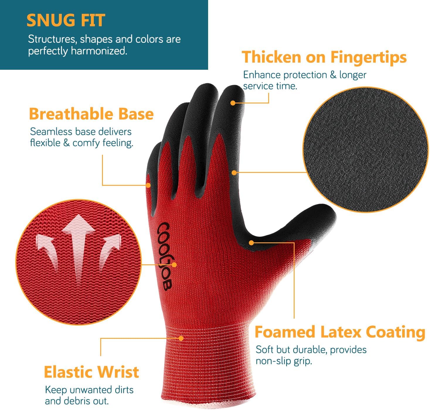 COOLJOB Gardening Gloves for Men, 6 Pairs Breathable Rubber Coated for Garden Weeding Landscaping, Outside Work for Lawn Yard, Men's Large Size, Black & Red