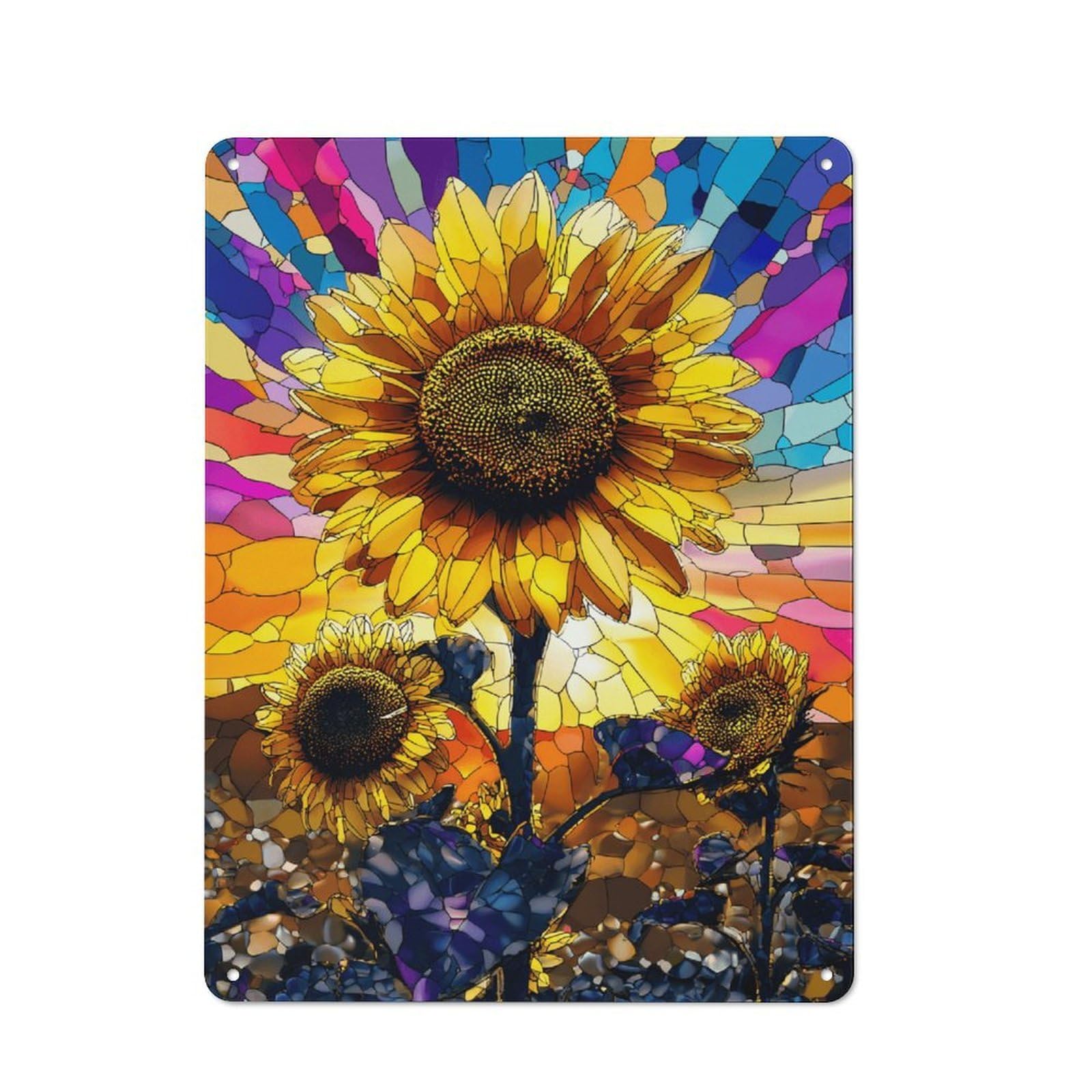 Junmoney Stained Glass Sunflowers -1 Metal Wall Sign 40X30cm Featuring For Bar Or Restaurant, For Themed Interiors In Bars And Restaurants