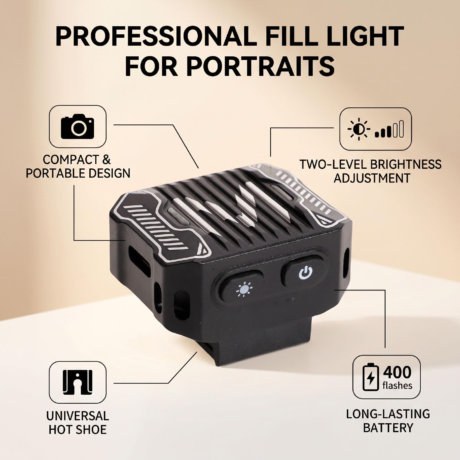 Bewinner Aluminum Camera Flashlight, Portable & Compact (BLACK) | Luce di riempimento 6500K, luminosità regolabile, ricarica rapida di tipo C, compatibile con molte fotocamere