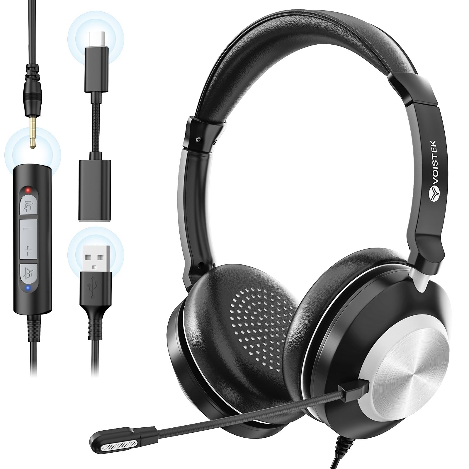 Voistek Casque avec Microphone, Casque USB Filaire avec Micro antibruit, Prise USB-A/3,5 mm/Type-C [3 en 1] Casques pour Ordinateur Portable, PC, Centre d'appels, Cours en Ligne, réunions Skype Zoom