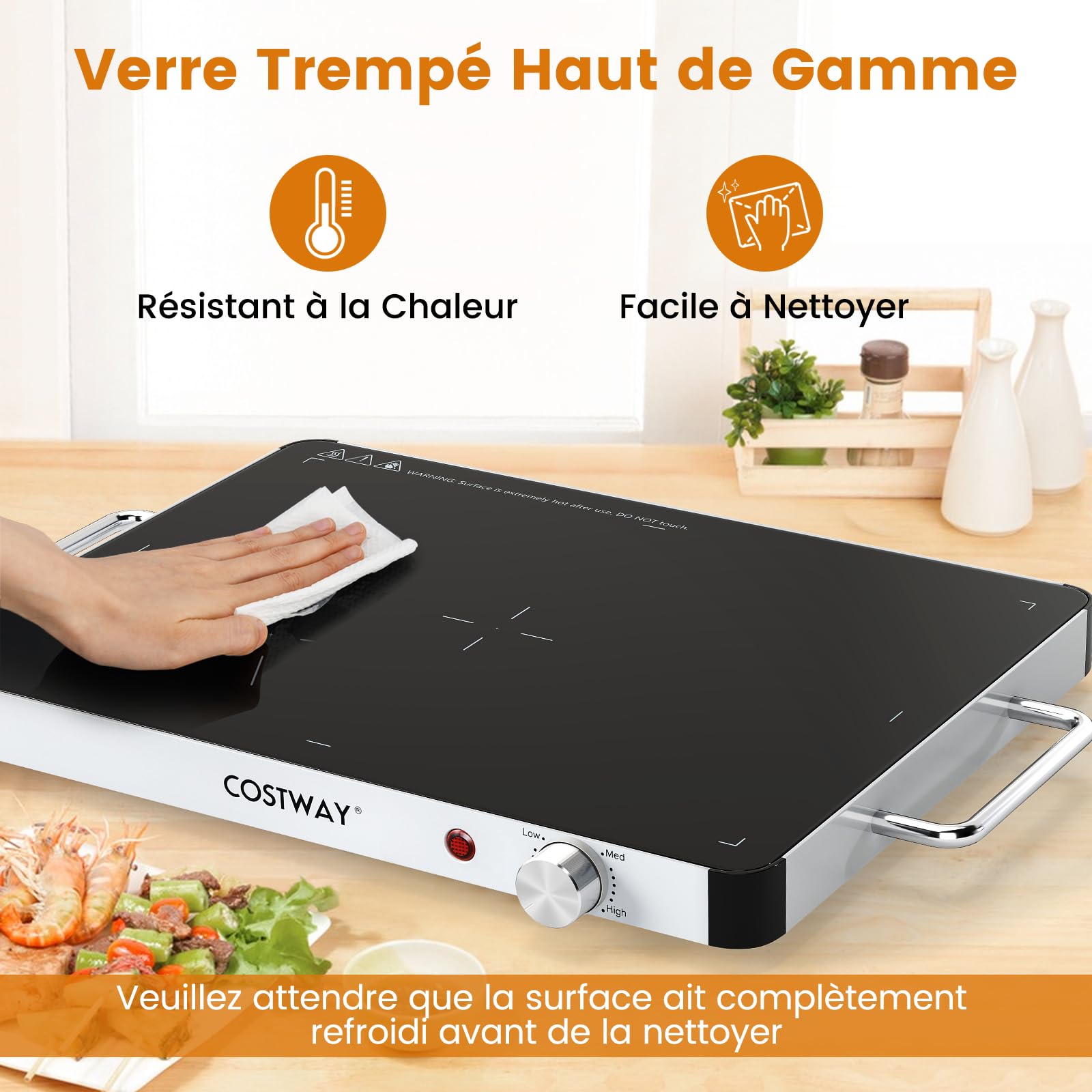 COSTWAY Chauffe Plat Électrique, Plateau Chauffant Électrique, Réchauffeur de Nourriture en Verre Trempé avec Température Réglable, Poignées Anti-Brûlure, pour Fêtes, Buffets, Vacances (40 x 30 cm)