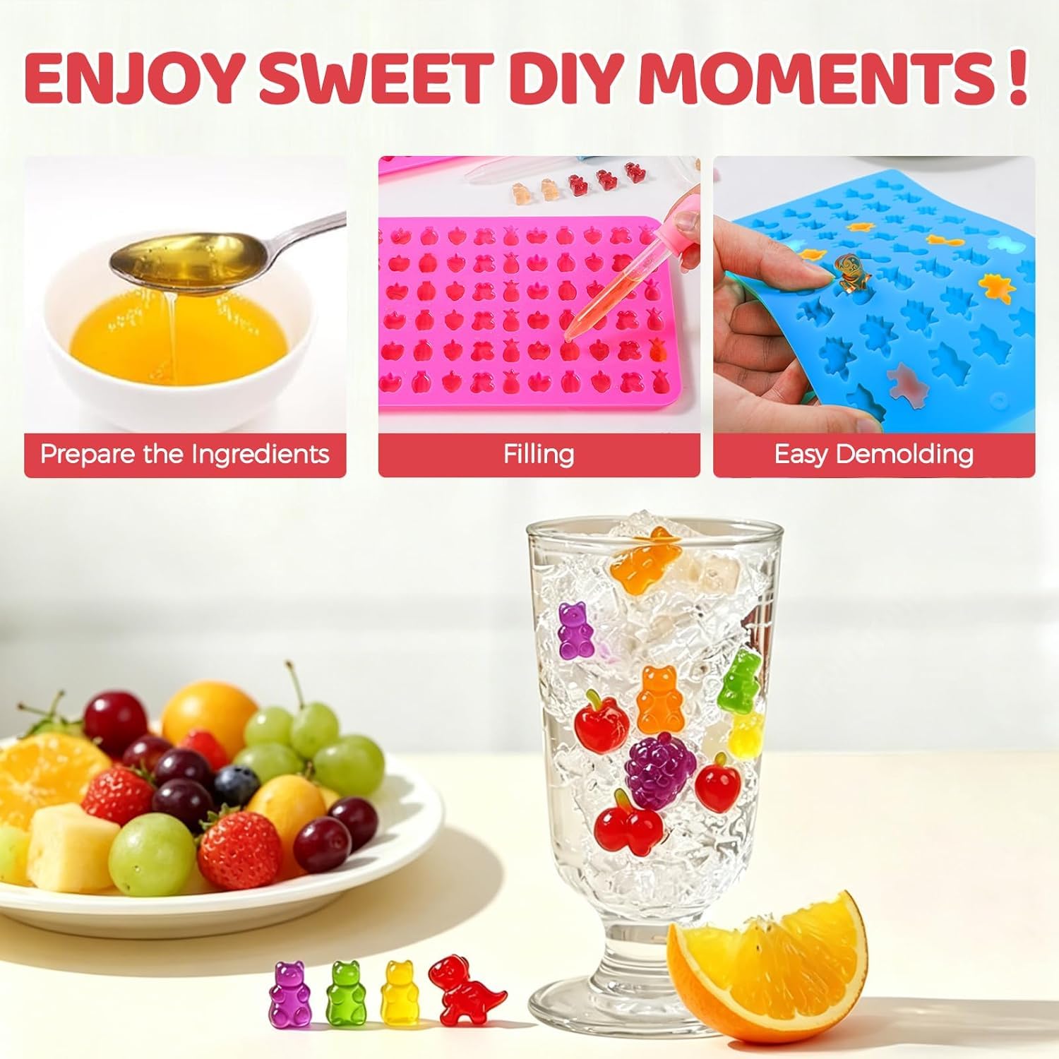 Silicone Candy Molds - Gummy Bears, Dinosaurs & Fruit -7