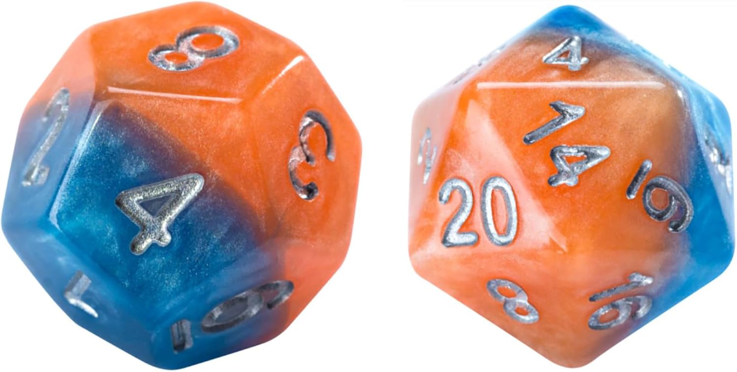 Gate Keeper Games and Dice: Halfsies Dice: Fire & Dice - 7pc Set, Flame Orange & Frost Blue, Pearlescent Swirl, 7 Resin Dice for Role Playing Games