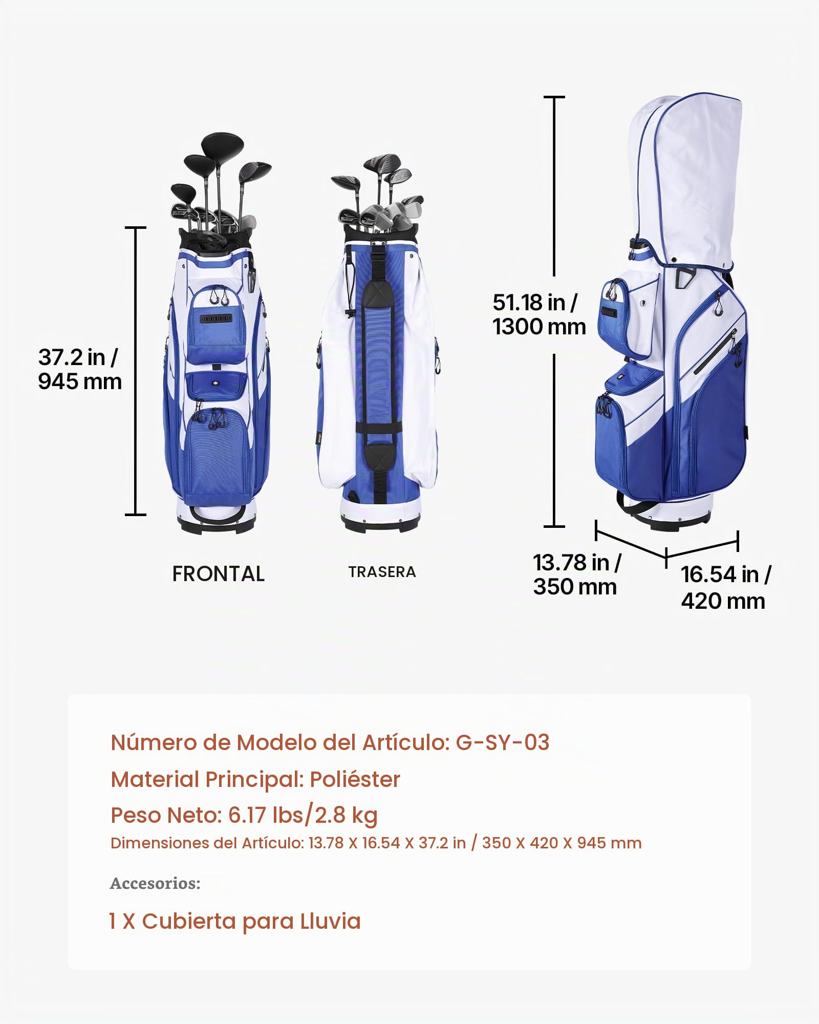 VEVOR Bolsa de Carro para Palos de Golf 15 Compartimentos, 10 Bolsillos, Bolsa para Carrito de Golf de Poliéster, con Correa para Hombro, Cubierta para Lluvia, Cremalleras Suaves, para Adultos
