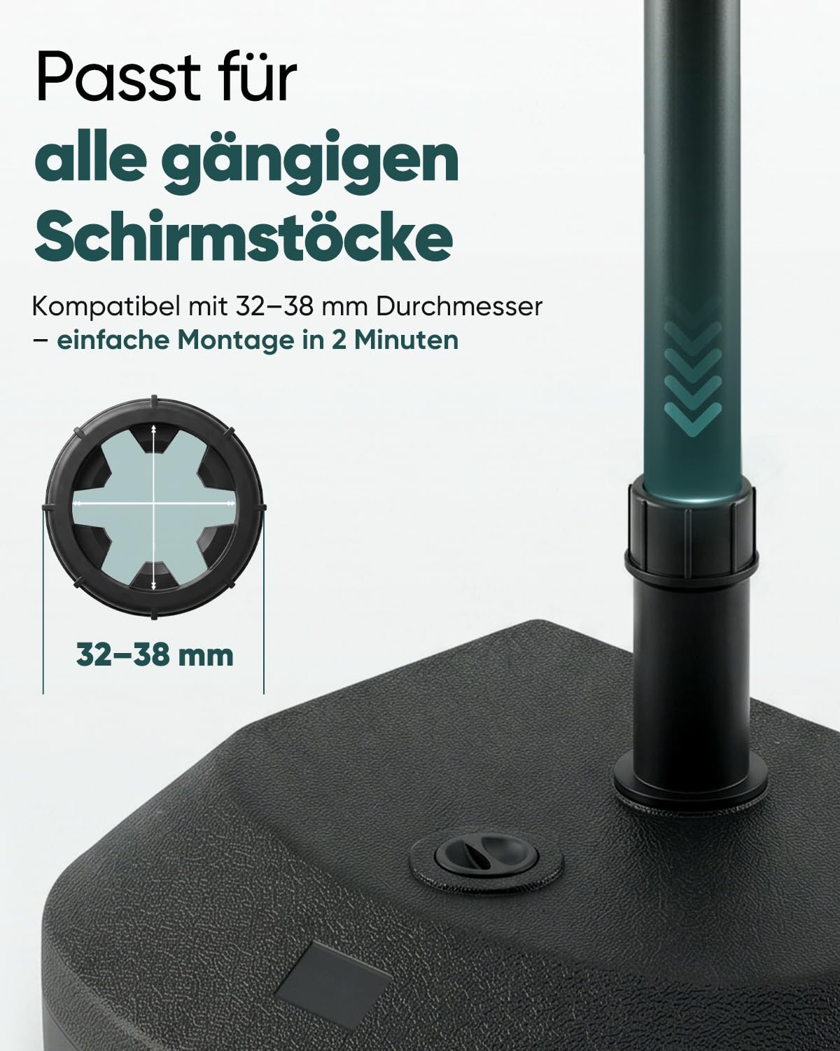 Sekey Sonnenschirmständer Balkon, Schirmständer Halbkreis mit 24L Fassungsvermögen, bis 32 kg Sand oder 24 kg Wasser, passend für Schirmstöcke 32-38 mm, standsicherer Boden für Gartenschirm